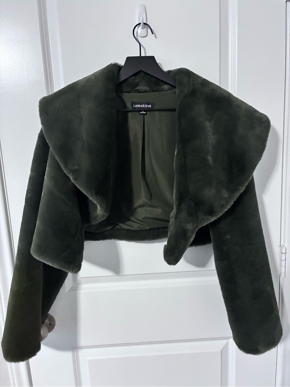 Lamarque Danika Olive Green Cropped Faux Fur Jacket - Women XS - Picture 4 of 6
